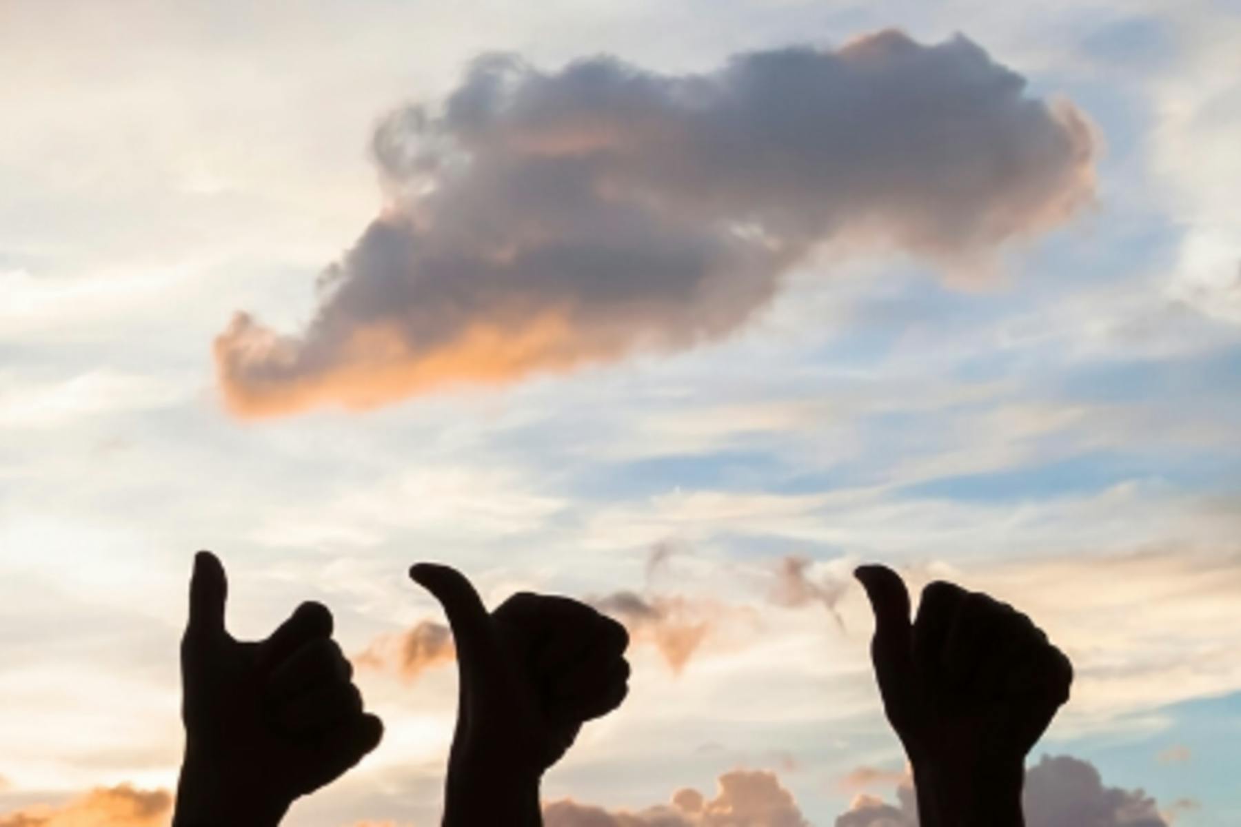 A photographs of 3 hands with thumbs up to the sky. 