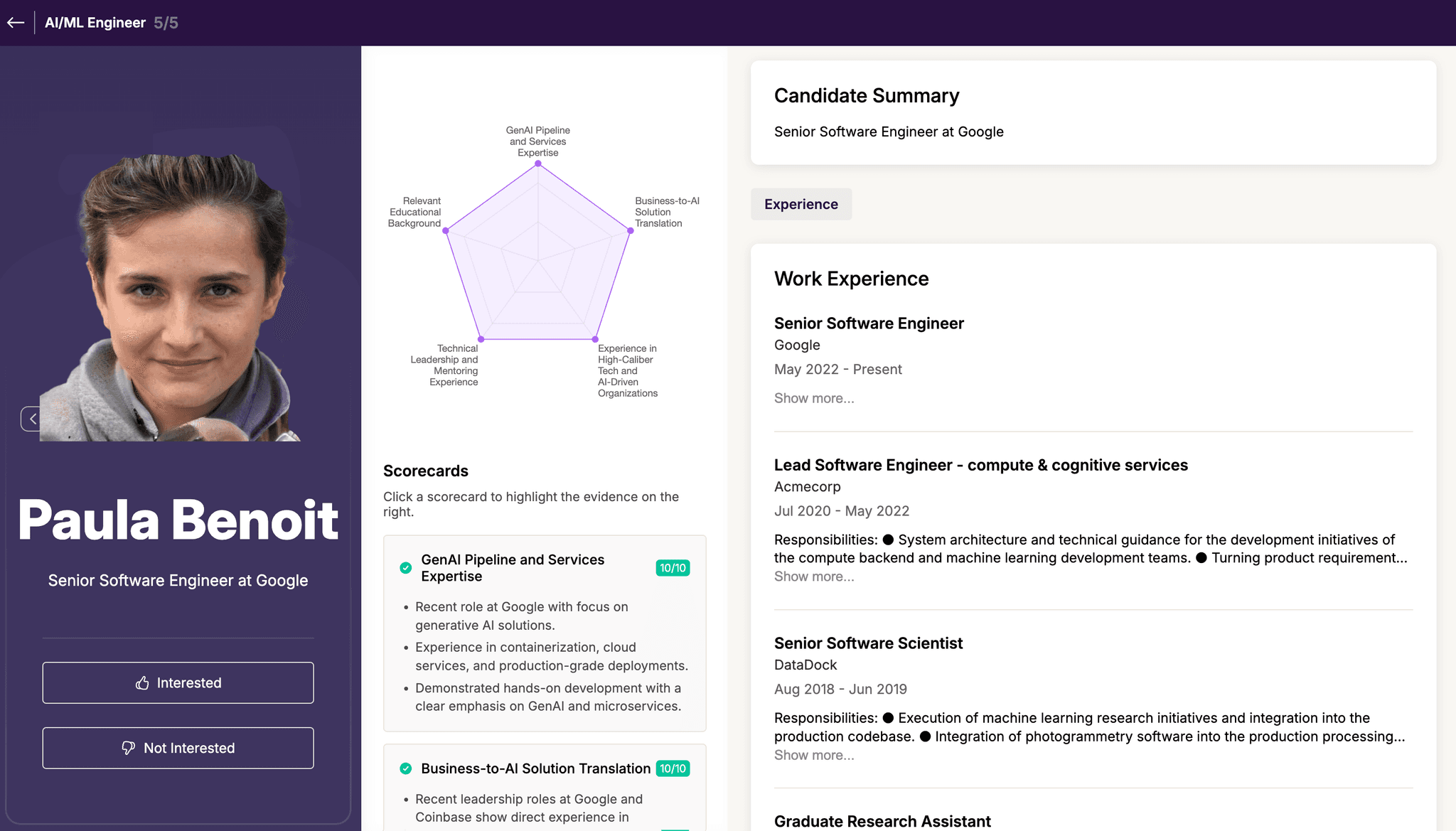 A sample profile showing how the candidate's experience aligns with the scorecard.