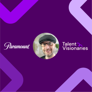Circular cropped headshot of Eric Miller, Vice President of Talent Discovery & Insights at Paramount, with the Paramount logo to the left and Talent Visionaries text logo to the right, on a dark purple background