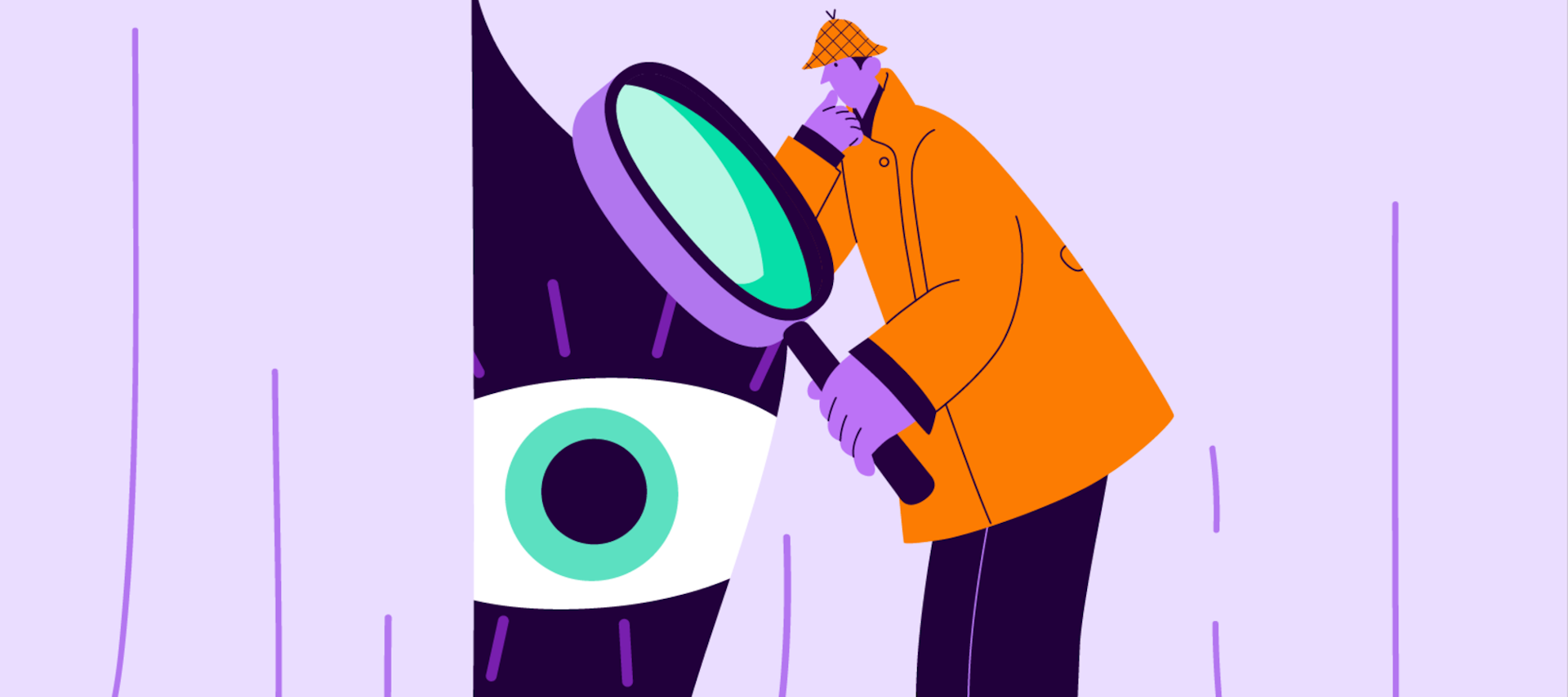 A detective with a magnifying glass peeling back a curtain and uncovering a large eye. 