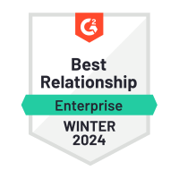 A G2 badge for Best Relationship, Enterprise Winter 2024