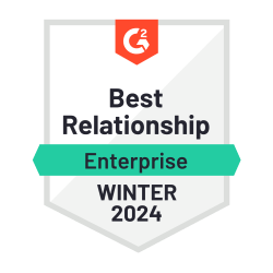A G2 badge for Best Relationship, Enterprise Winter 2024