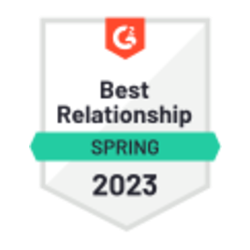 A G2 badge for Best Relationship, Enterprise Spring 2023