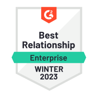 A G2 badge for Best Relationship, Enterprise Winter 2023