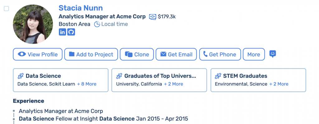 Screenshot of SeekOut Application's power filter badges.