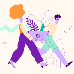 An illustration of two people walking while carrying a box bursting with plants as a symbol of growth together