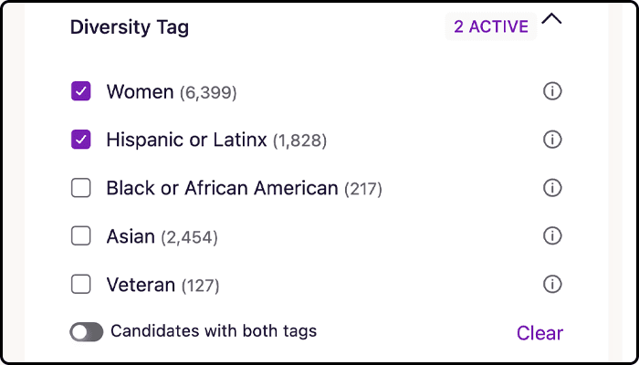 SeekOut's diversity filters allow you to find talent from historically underrepresented groups with a single click.