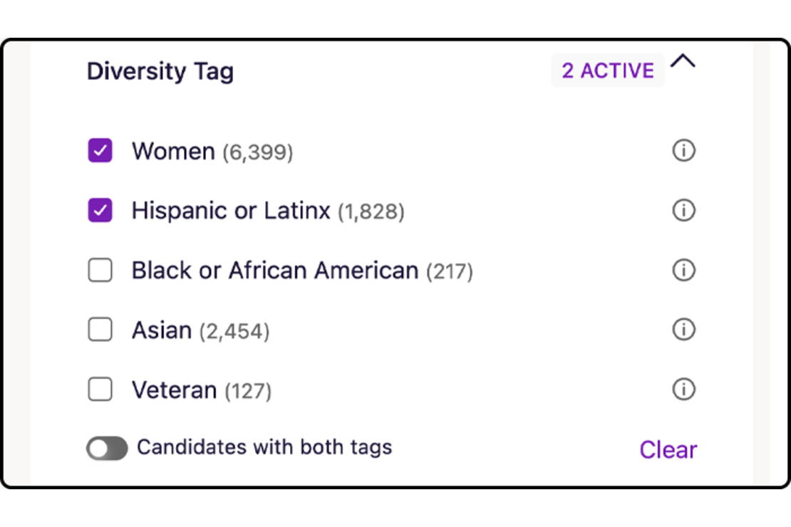 SeekOut's diversity filters allow you to find talent from historically underrepresented groups with a single click.