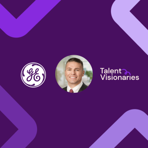 A cropped, circular headshot of Sean Murphy, Head of Global TA Operations for GE's corporate offices, with a GE logo to the left, and "Talent Visionaries" logo to the right, all on a dark purple background.