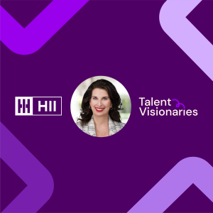 In the center of a dark purple background is a circular cropped headshot of Nicole Goldman from Hungtington Ingalls Industries, with the HII logo to the left and SeekOut's "Talent Visionaries" text logo to the right
