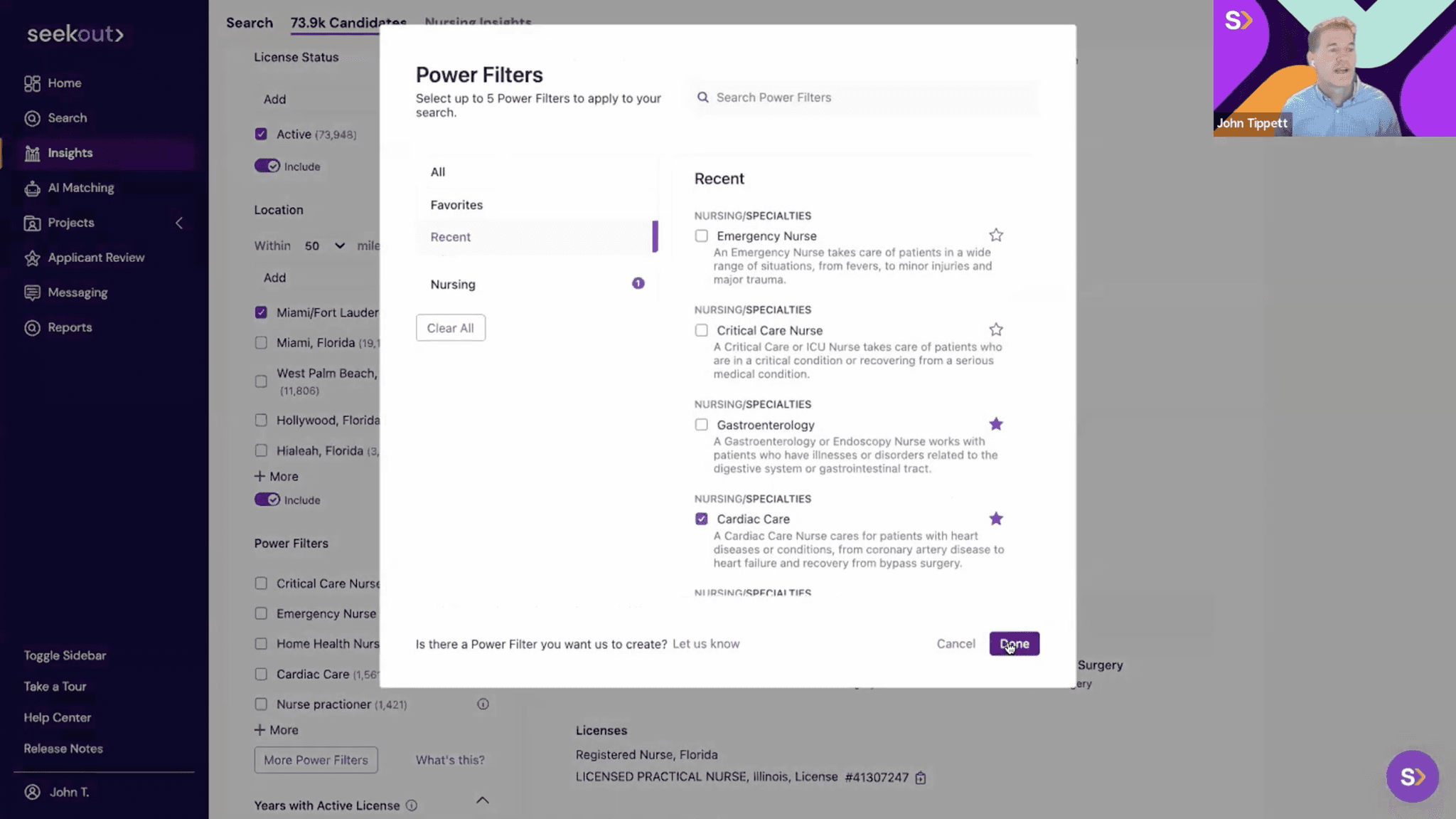 A screenshot of SeekOut's webinar "Advanced sourcing for healthcare professionals" featuring co-founder John Tippett demoing some of SeekOut's Power Filters in the new nursing talent pool.