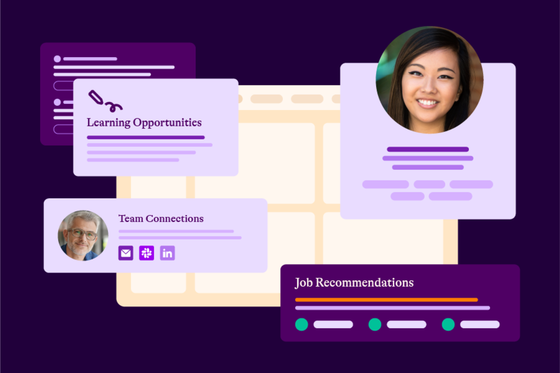 a graphic illustration of SeekOut's internal talent product demonstrating potential learning opportunities, team connections, and job recommendations that the platform can surface to a company's employees through an internal talent marketplace