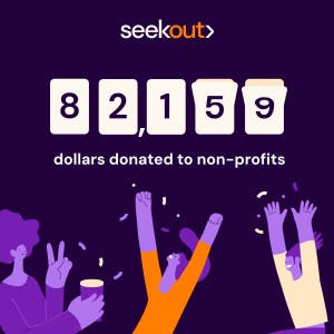 People cheering underneath the number 82,159, which is the amount of money that SeekOut has donated to non-profits since December 2021.