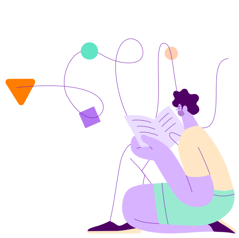 Illustration of person reading with abstract shapes flying above