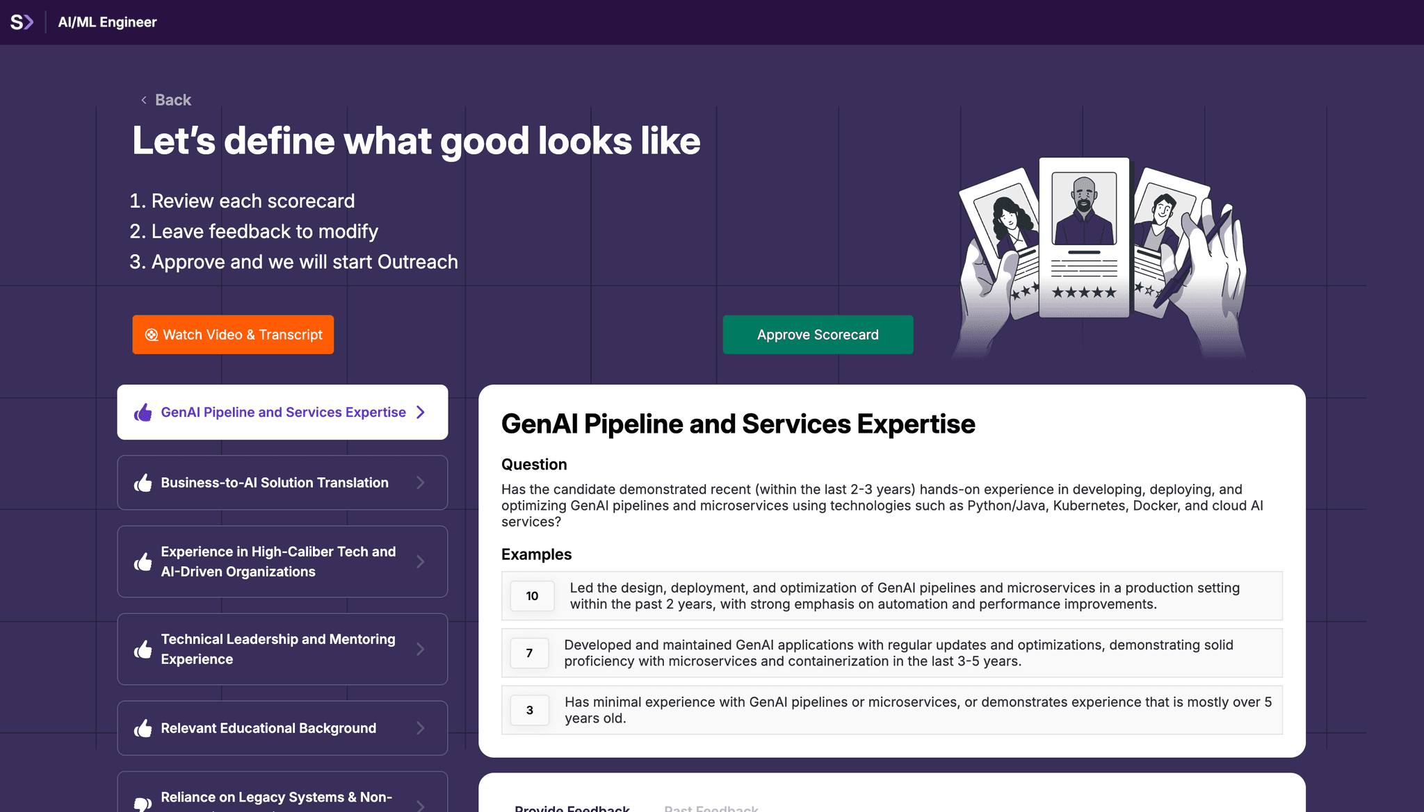 A sample of the client experience when calibrating with a SeekOut recruiter on a rubric.