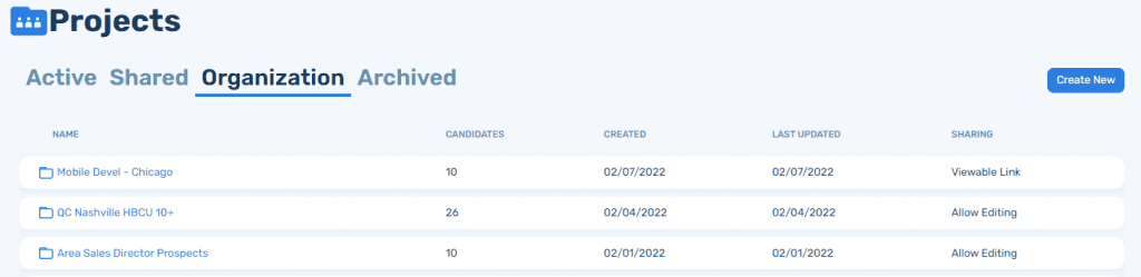 SeekOut application's organization shared project view.
