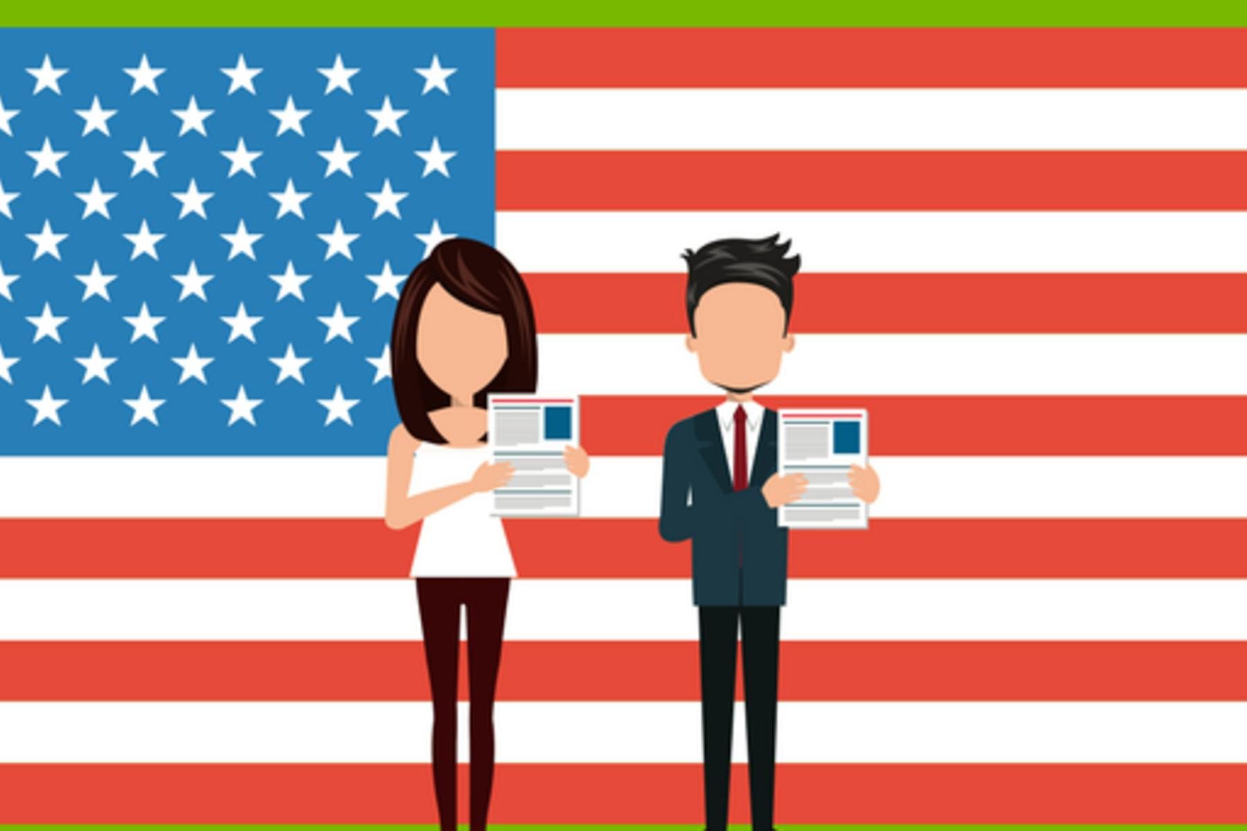 An illustration of two people standing in front of the USA flag.