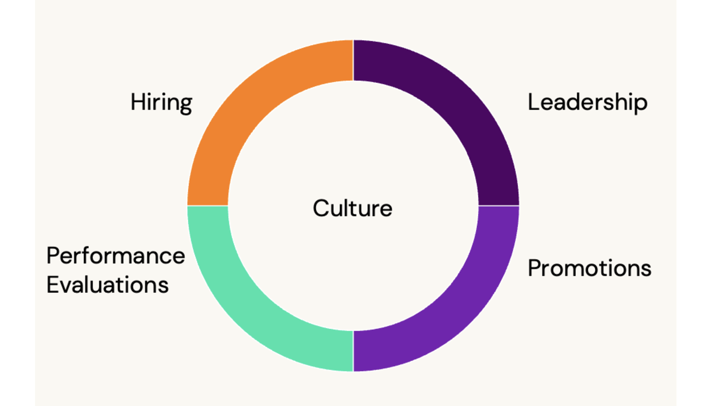An illustration of a circle made of four quadrants labeled "hiring," "leadership," "promotions," and "performance evaluations" with the text "culture" in the center.