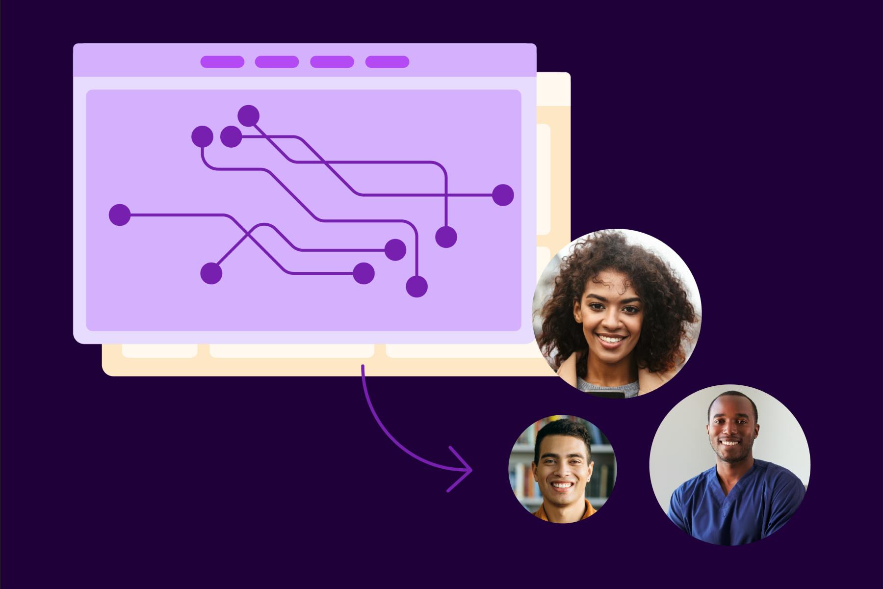 A light purple abstract illustration of neural wiring to represent AI points to three circles with headshots of people on a dark purple background