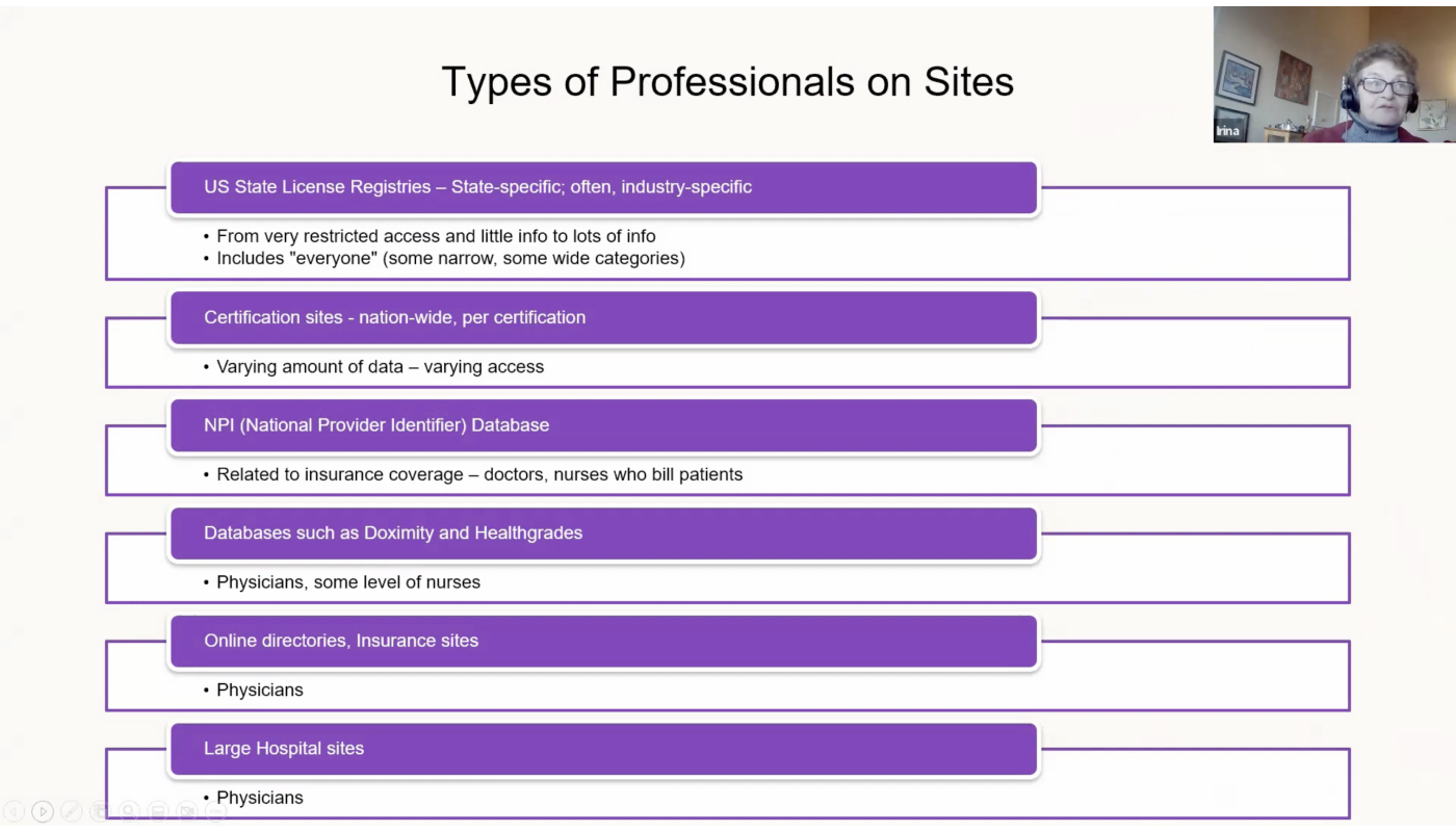 A screenshot from SeekOut's webinar "Advanced sourcing for healthcare professionals" featuring Irina Shamaeva explaining which publicly available websites contain information on healthcare professionals.
