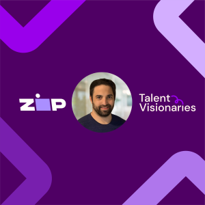 Circular headshot of Bret Feig, VP of Talent Acquisition at Zip Co, with the Zip logo to the left and text Talent Visionaries to the right, on a dark purple background