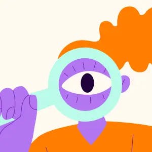 An illustration of a person with big orange hair looking through a magnifying glass, showing a large eye to depict the process of searching for candidates