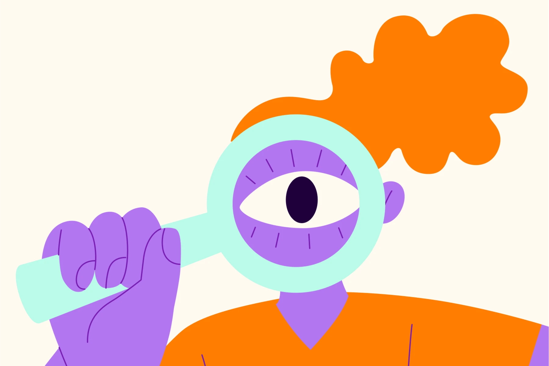 An illustration of a person with big orange hair looking through a magnifying glass, showing a large eye to depict the process of searching for candidates