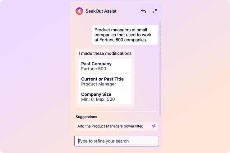 Conversational Search tool showing filters applied to search
