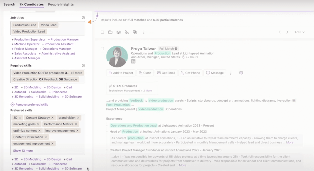 A screenshot of the SeekOut Assist interface showing in the left panel how the AI system has built a search from a job description, complete with recommended job titles, required, and preferred skills, and in the larger right panel is beginning to return candidate profiles that match