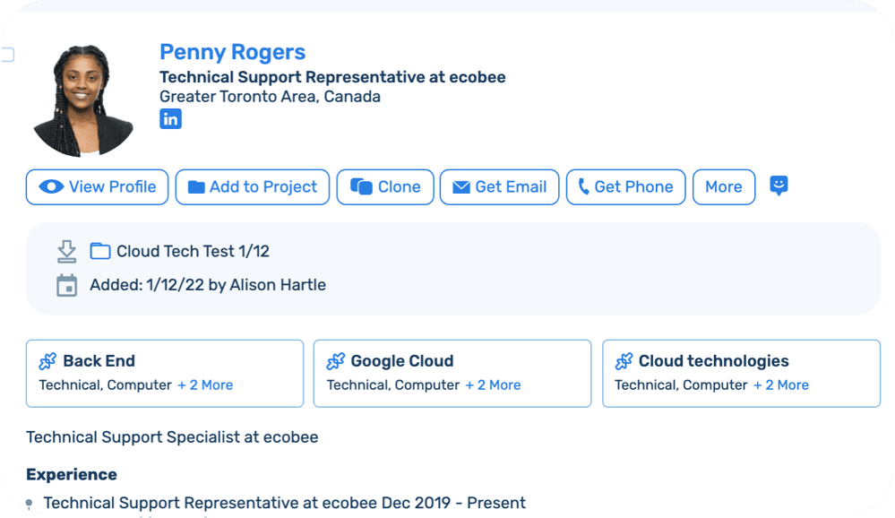 SeekOut application's shared projects view.