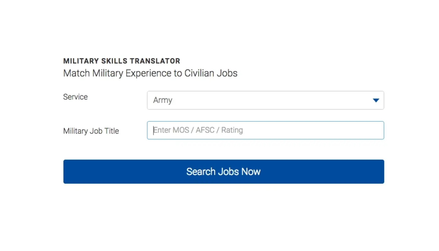 A screenshot of military skills translator on www.military.com.