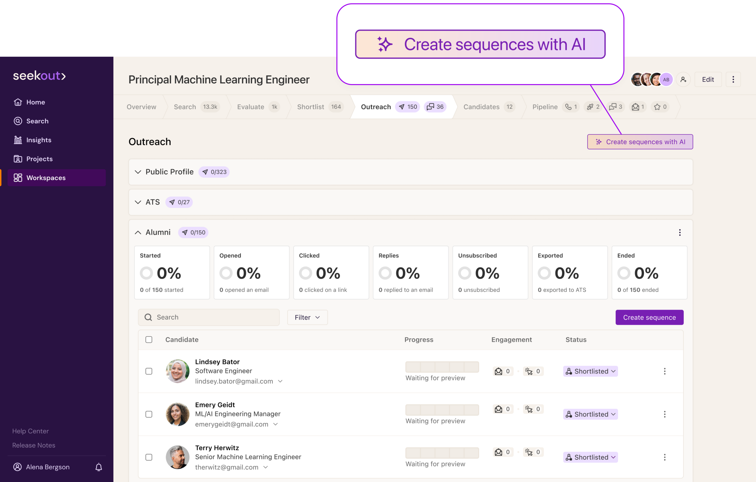 SeekOut Outreach tab for a Principal Machine Learning Engineer project, showing sequences for public profile, ATS and alumni candidates with engagement metrics and a Create sequences with AI button