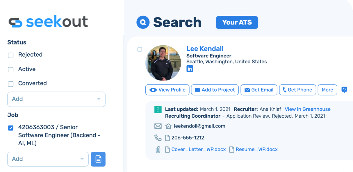 SeekOut candidate search interface showing a candidate result card with ATS sync metadata